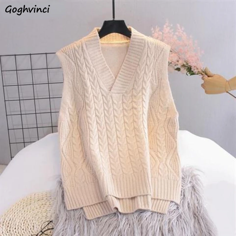 

New Sweater Vests Women Autumn Side-slit Solid Knitted All-match Loose Students Leisure V-neck Ulzzang Ins Design Korean Basic