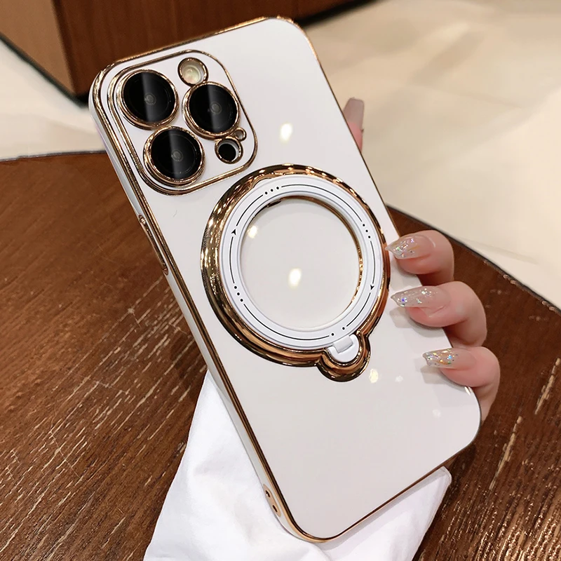 Custodia per telefono con anello magnetico placcato per iPhone 15 14 13 12 11 Pro Max XR XS X 7 8 Plus per ricarica wireless Magsafe_voghion.com