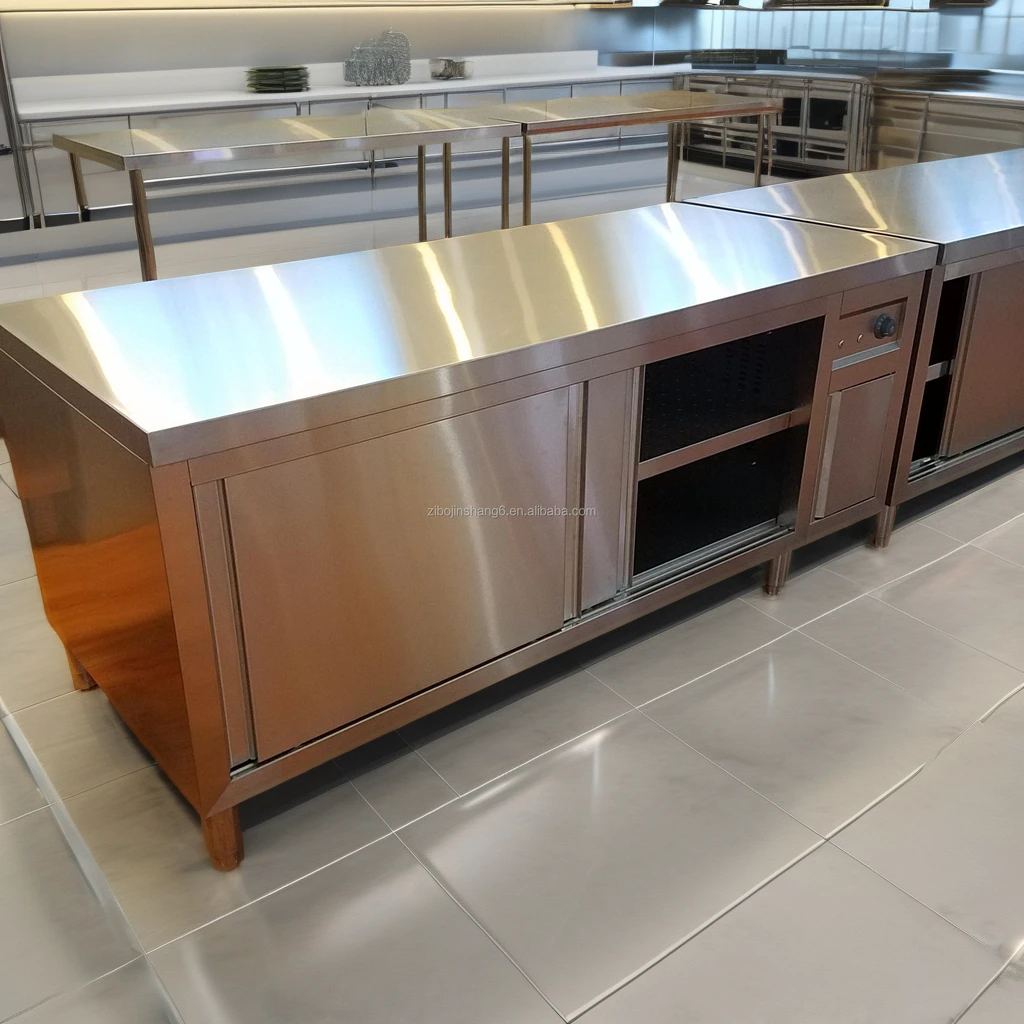 Commercial Kitchen Equipment Double Sliding Door Stainless Steel Cabinet Workbench Restaurant Worktable Kitchen Island & Cart