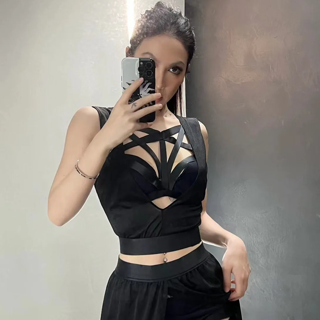 Goth Club Mesh Sexy Summer Corsets Skirt Set Women Sleeveless Black Crop Bra Top Bandage Underpants Slit Skirt 4pcs Sets 3