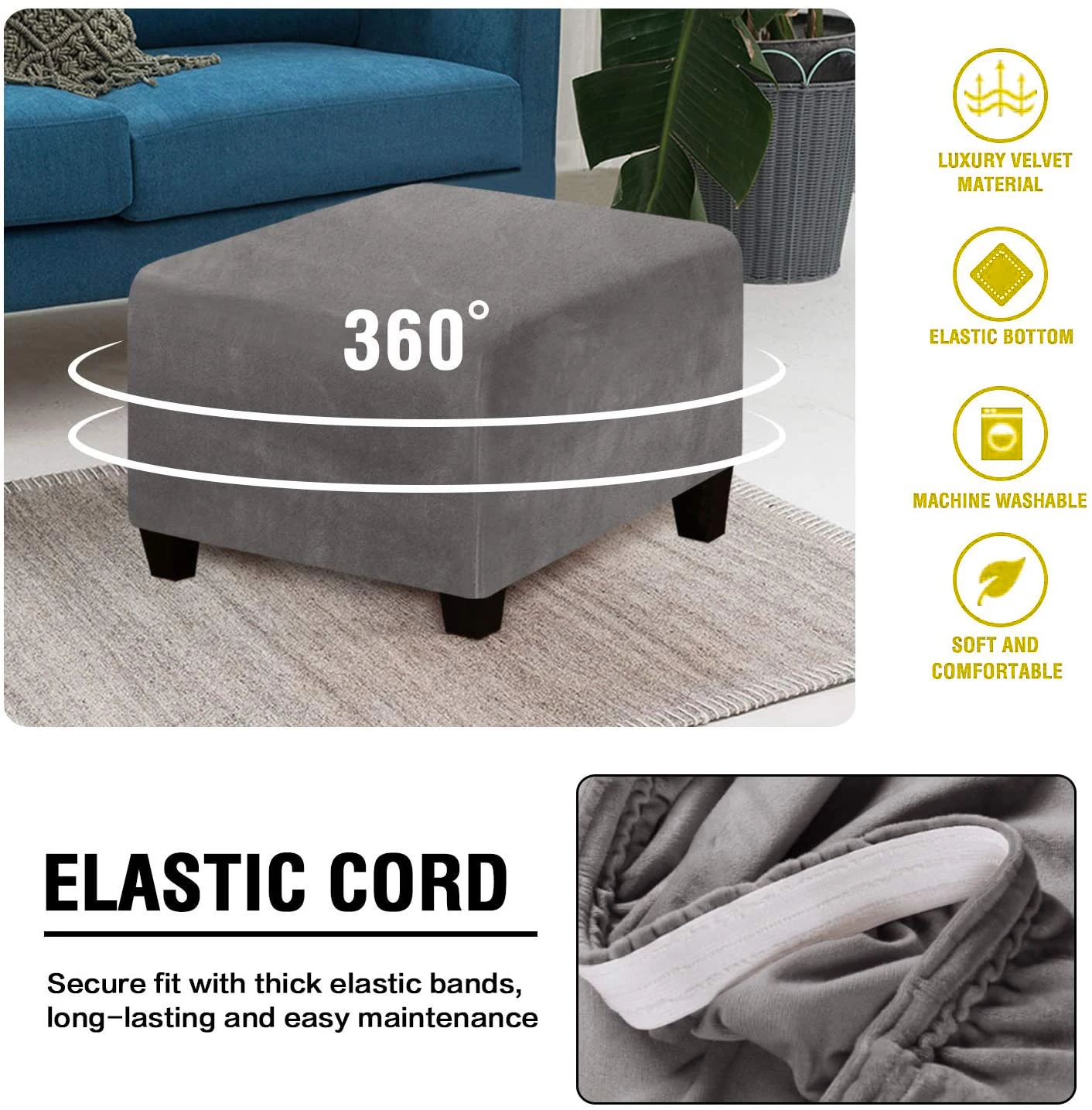 Juste de tabouret bas élastique carrée tout compris, renard argenté, velours solide, document lavable, botte anti-poussière parfaite