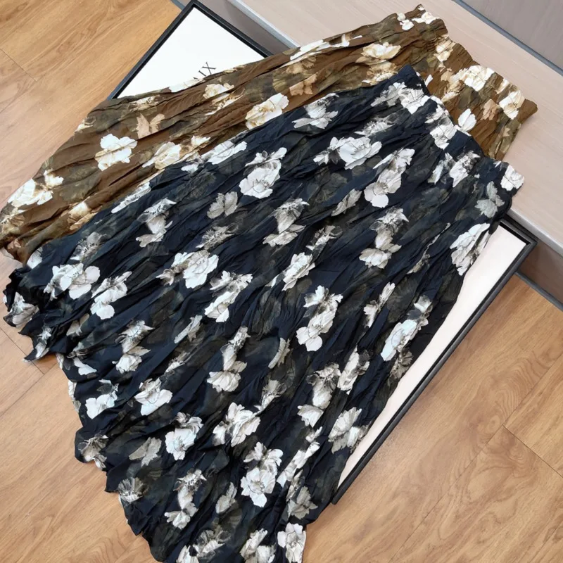 

Women Skirt High Waist Print Casual Elegant Fold Elastic Waist Vintage Shivering Chic Vintage Sweet Skirt Clothing New
