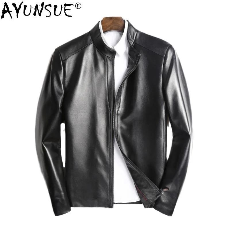 

Fashion Men Leather Jacket Casaul Slim Stand Collar Real Sheepskin Coat Spring Men's Clothing Biker Coats and Jackets WPY3350