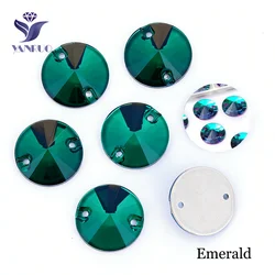 Premium Round Sew-On Rhinestones - Flat Back Glass Stones - 16mm 16Pcs (Emerald)