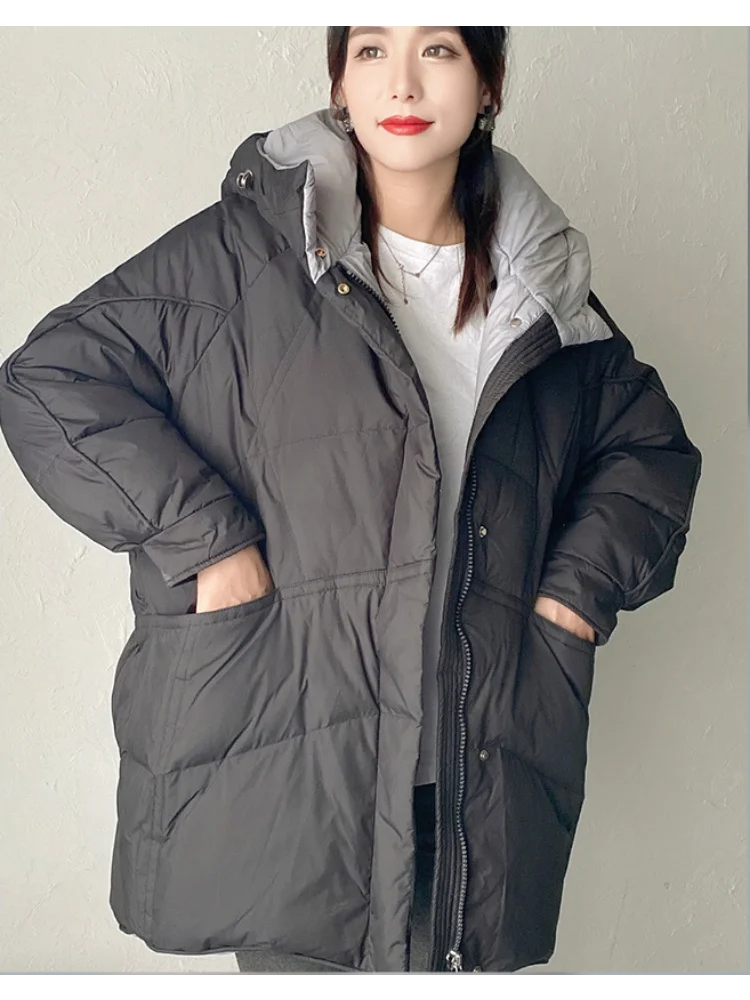 

Loose Large Size Down Jacket Women Clash Color Hooded White Duck Down Parker Coat 2023 Winter Warm Snow River Dolphin Jacket