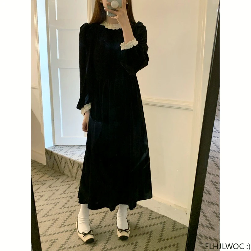 

Black Velvet Dresses New Design French Style Women Fashion Long Sleeve Elegant Dress Temperament Feminine Vestidos