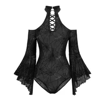 ROSEGAL Gothic Women Sexy Bodysuit Black Flare Sleeves Cold Shoulder Mesh Flocking Spider Web Lace Up O-Ring Lingerie Jumpsuit