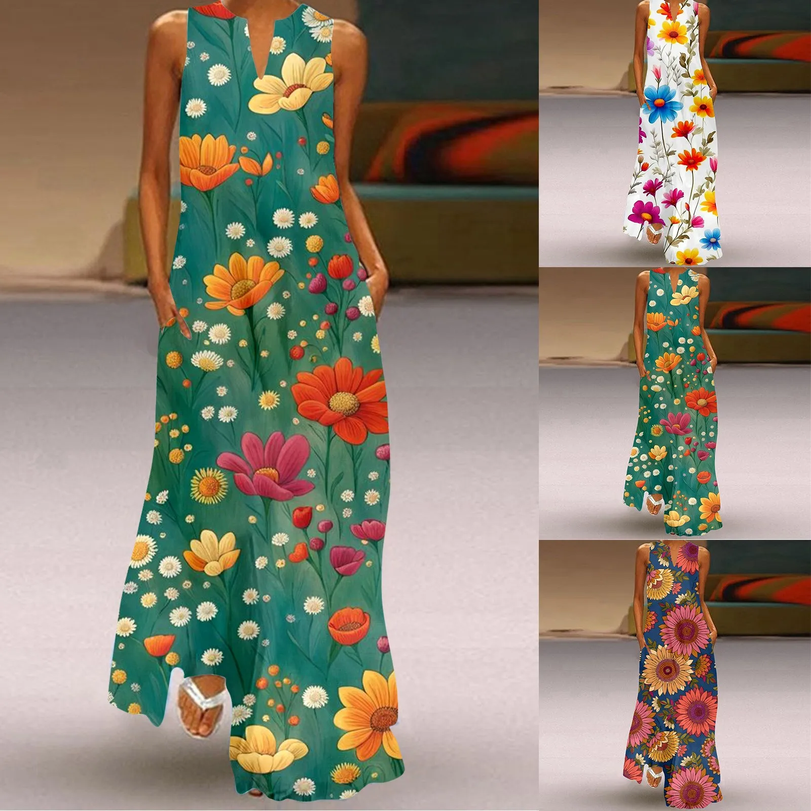 

Женское летнее длинное платье с цветочным принтом, повседневное винтажное платье макси без рукавов, лето 2024