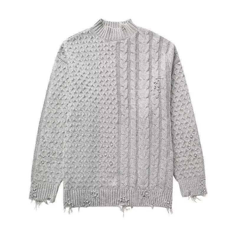 

New Women Fashion Rivet Decoration Warm High Collar Long Sleeved Loose Casual Pullover Sweater Trend Vacation Street Style