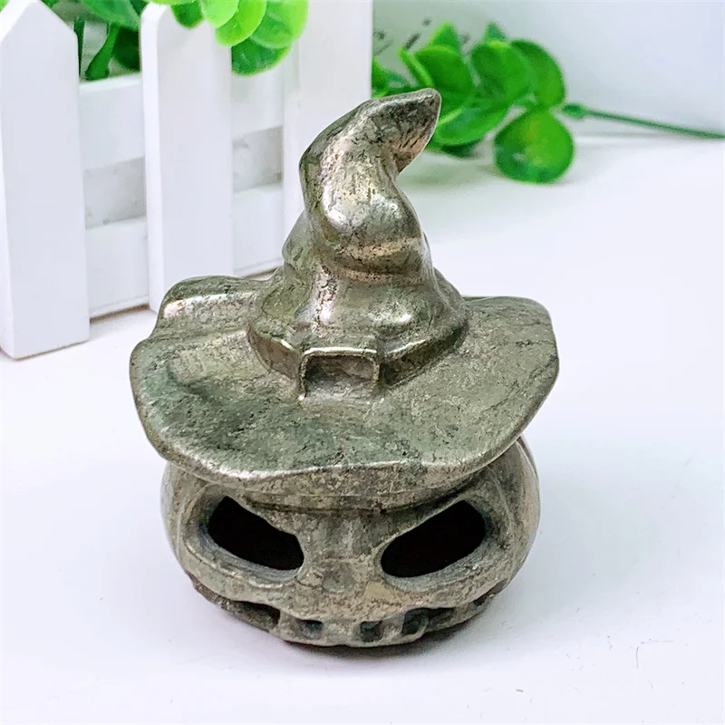 

Натуральная пиритовая вырезанная тыква, Череп, резьба, искусственные украшения для дома, 1 шт.