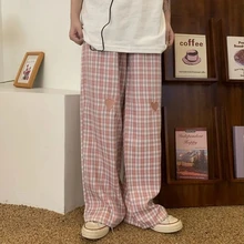 

2022 Summer Women's Love Embroidered Loose Thin Wide Leg Casual Straight Long Plaid Pants Harajuku Vintage Clothes dropshipping