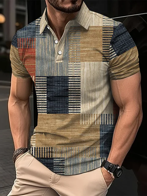 Mode élégant Harajuku coupe ajustée Ropa Hombre ample décontracté tout Match treillis hommes POLO imprimé bouton à manches courtes hauts 1