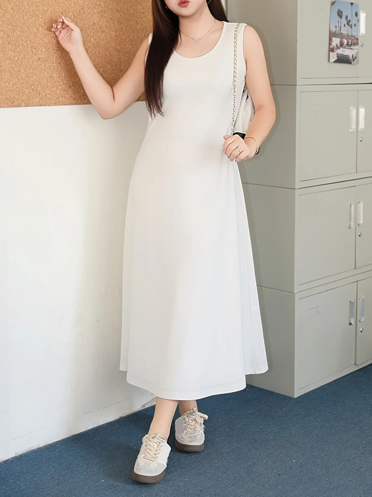 Cloud White Knit U-collar Slim Waist A-line Tank Dress Plus Size 2025 Autumn Casual Premium Sleeveless Women Sundress
