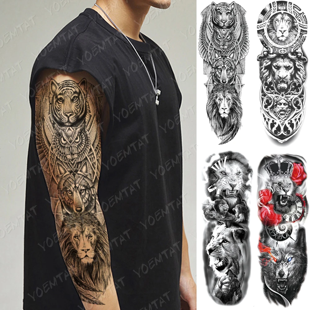 

Large Arm Sleeve Tattoo Tiger Lion Wolf Owl Waterproof Temporary Tatto Sticker Crown Warrior Body Art Full Fake Tatoo Men Women
