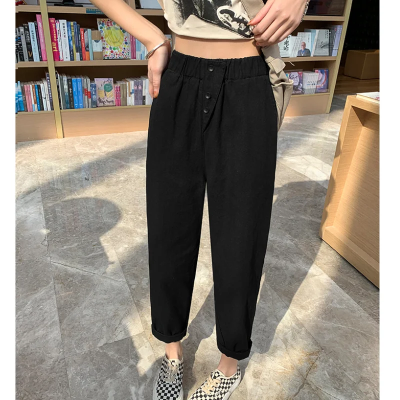 

2023 Summer New Japanese Literary Style Wash Water Cotton Hemp High Waist Loose Crop Radish Casual Harun Lace Pants for Women