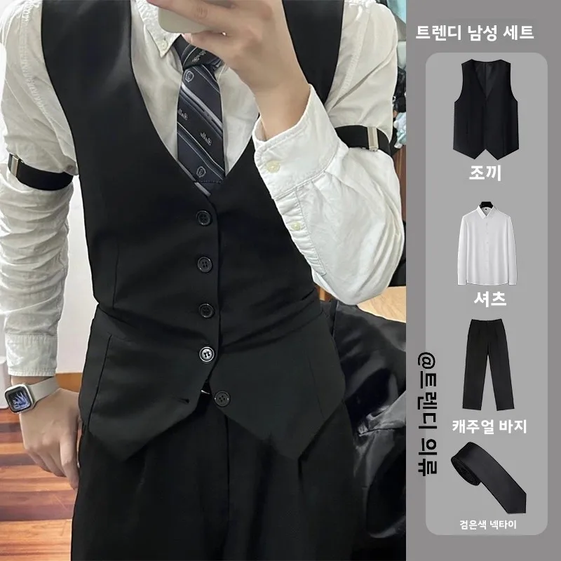 영국 스타일 남성 정장 조끼 세트 캐주얼 나이트클럽 모델 의상 민소매 어깨 패드 재킷 젊은 활력 비즈니스 캐주얼