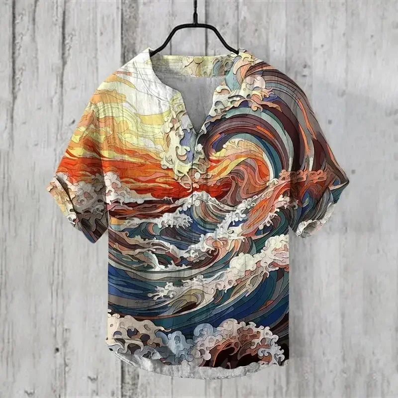 

2024 Cross-Border Hawaiian Art Printing Color Wave Series 3D Digital Printing Casual Loose Short Sleeve Shirt