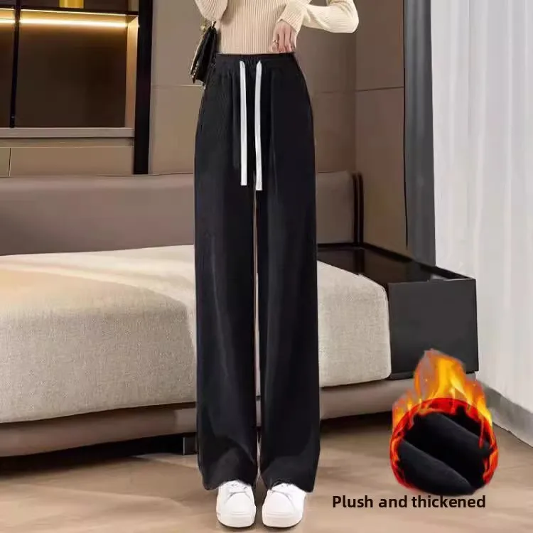 High Waist Wide Leg Pants Women's Fce Lined European Cotton Velvet Spring Autumn Winter Loose Fit Casual Straight Leg Trou...