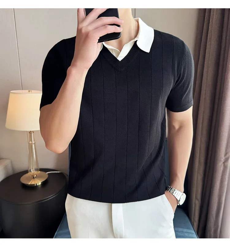 Thin Fashion Striped Lapel Knitted Polo Shirt, Fake Two-Piece Knitted Short-Sleeved T-shirt ~ Yellow Brown T-shirt 36 S68b9e7df34404506ac46ba30e80d3202q