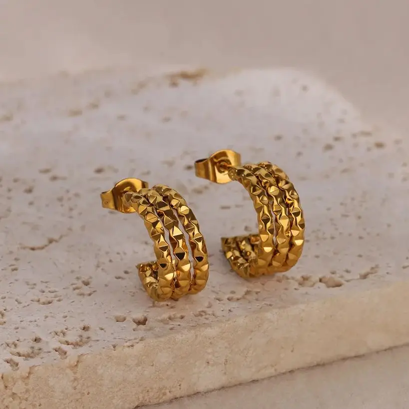 Three Layers Geometric Earrings Gold Color Stainless Steel For Women