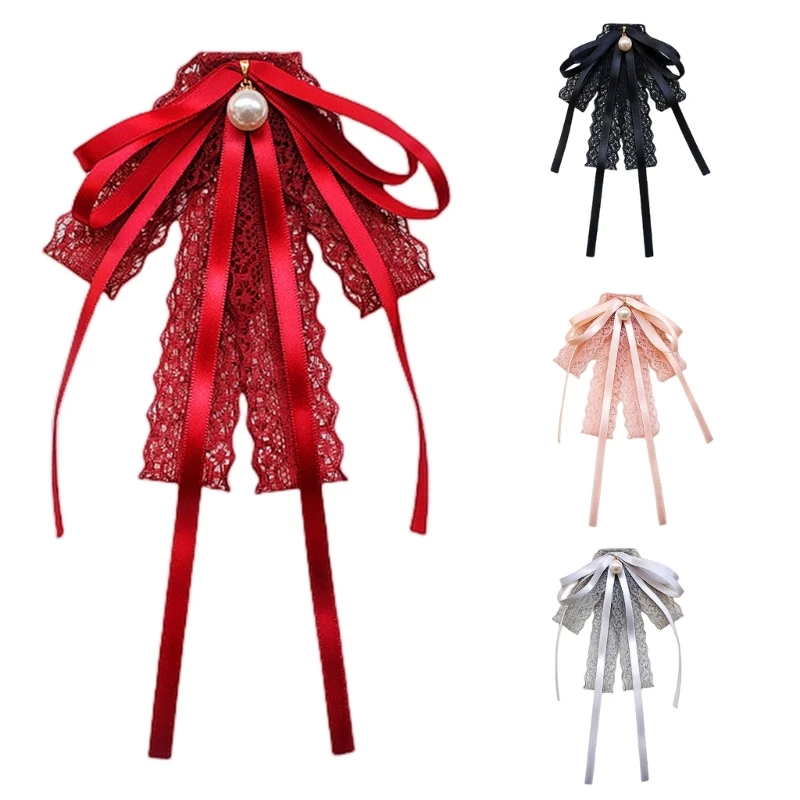 레이스 리본 보타이 브로치 핀 JK Jabot 칼라 진주 펜던트 보우 Pre-Tied 넥타이 D46A