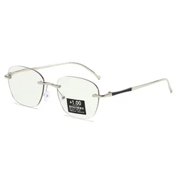 Photochromic Fashion Reading Glasses with Beveled Edging and Rimless Design (Silver)