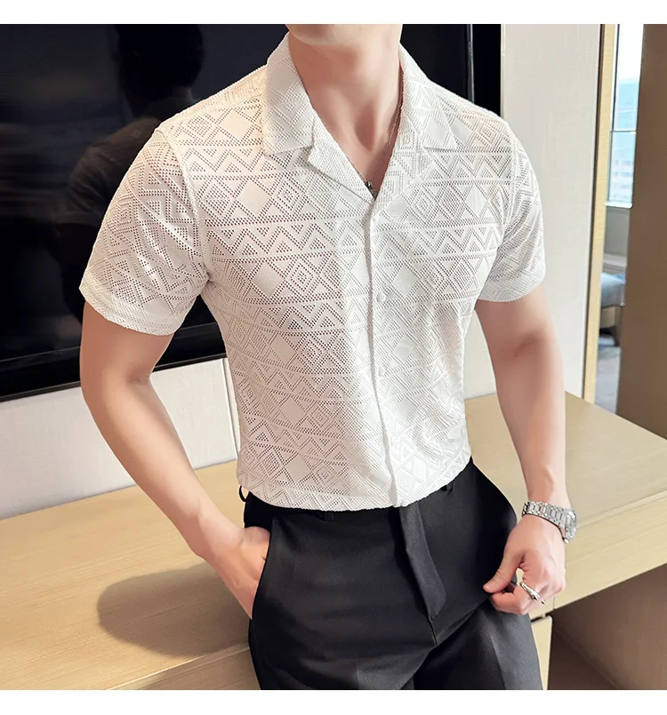 Spring/Summer Short Sleeved Shirt for Men Tailored Collar Lace Shirt Fashion Nightclub Social Party Tuxedo Blouse Streetwear