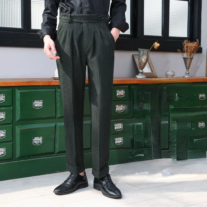

2023 Autumn Winter Men New Business Casual Suit Pants Formal Slim Fit Warm Male Office Woolen Straight Trousers W118