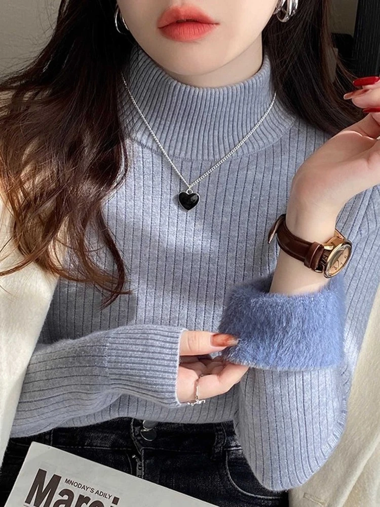 New Autumn and Winter Women's Integrated Fleece Sweater Elegant Semi-turtleneck Slim-fit Long-sleeved Bottoming Shirt Knitwear