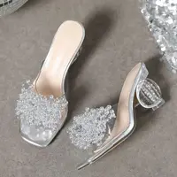 Aneikeh 2026 New Women's Water Diamond Flower Sandals with Transparent Thick Bottom Party Dress PVC Slippers Mules High Heels - Image 5