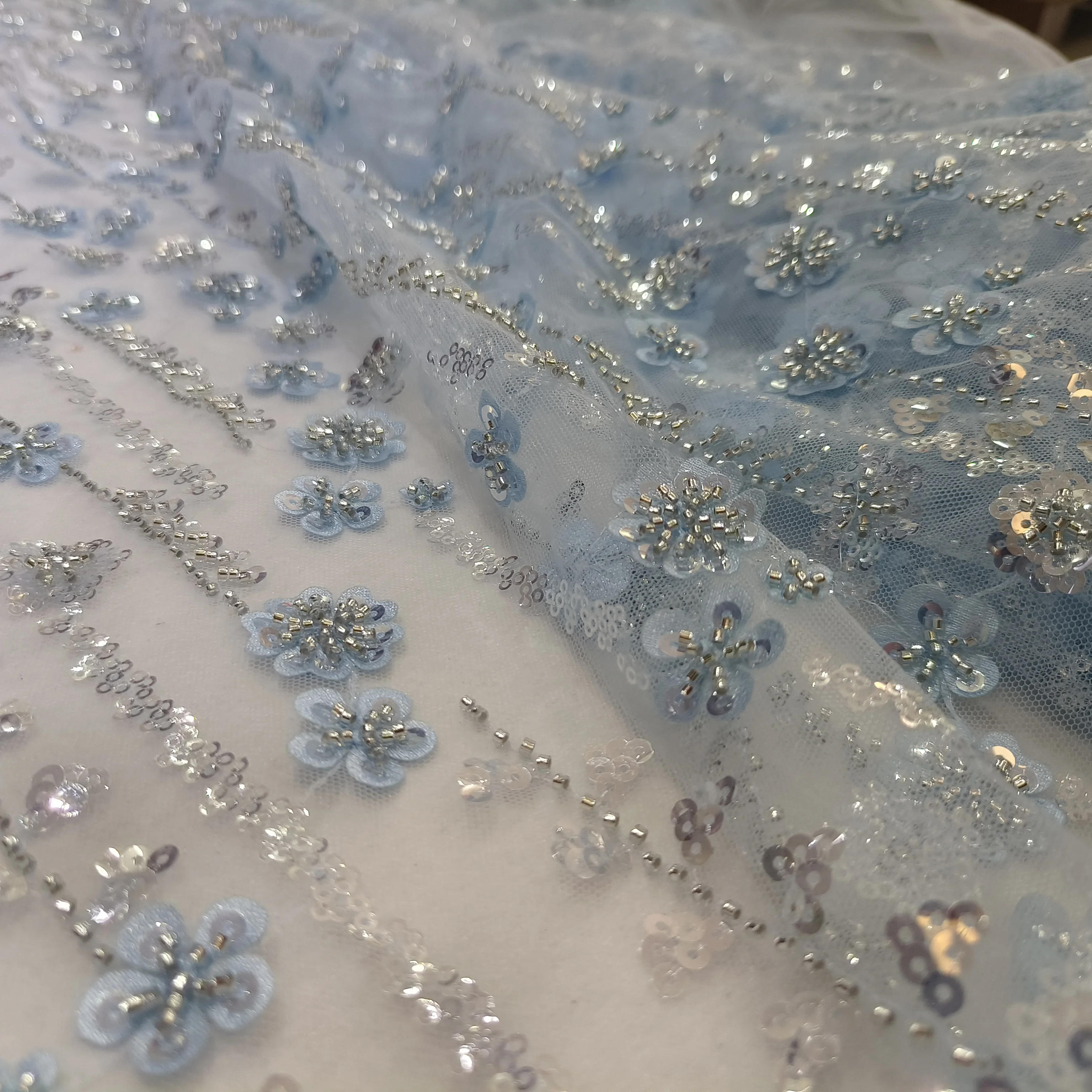 3D Flower Embroidery Sequin Beading Lace Fabric for Evening Dress