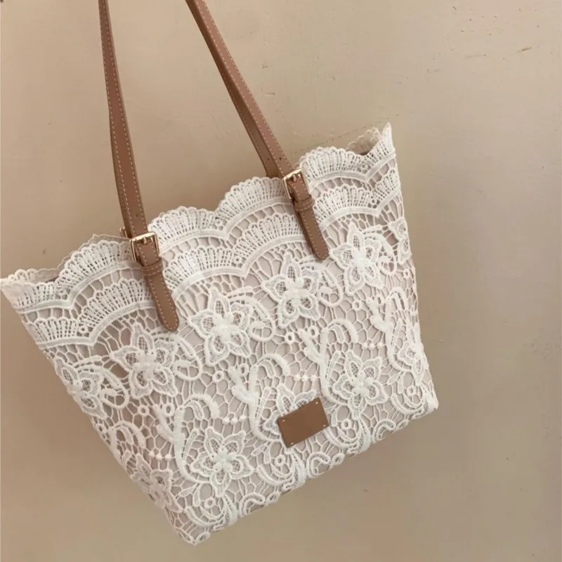 JIAERDI Fairycore Aesthetic Lace Shoulder Bags Women Retro Large Capacity Beige Handbag Wallet Gentle Vintage Underarm Bag 2025