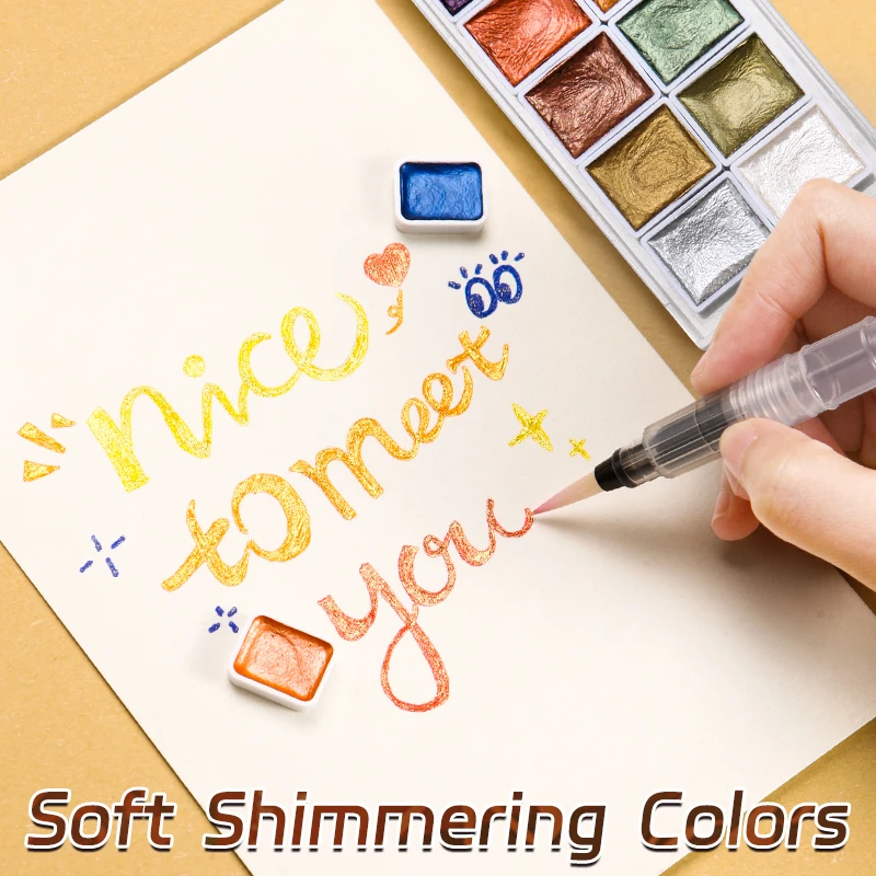 6 Colors Metallic Watercolor Glitter Solid Pigment,Professional Flash Golden Slivery Starry Iridescent Paints for Adults,Artists 3