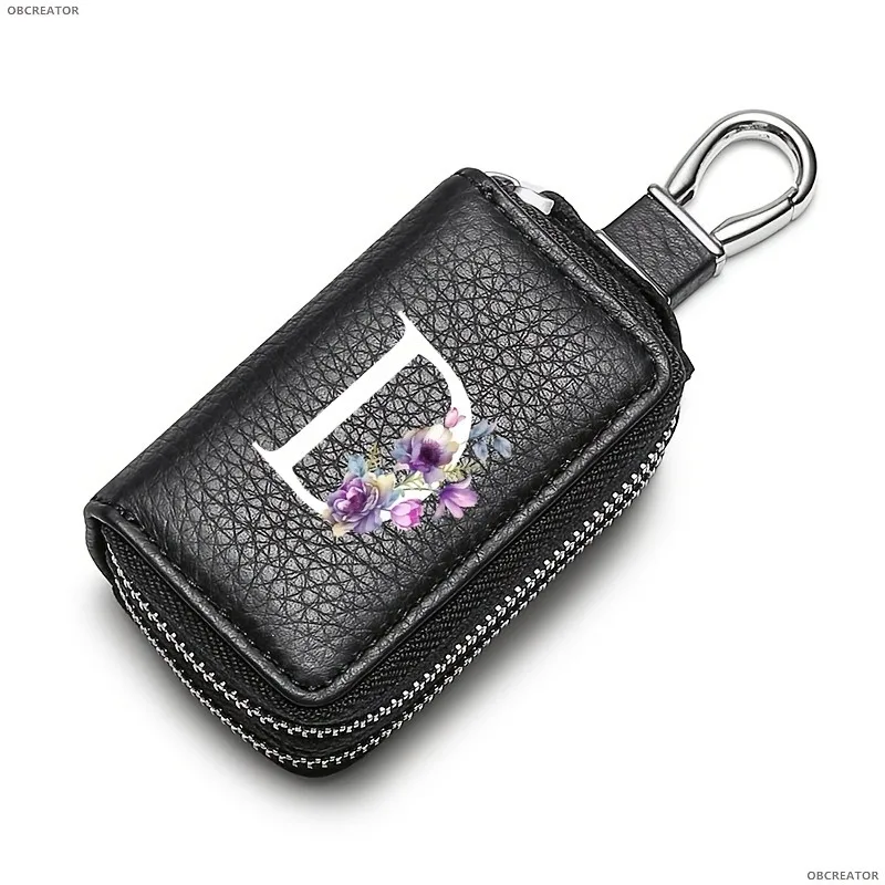 Doppellagige Schlüsseltasche mit weißen Blumen und 26 Buchstaben, neues Produkt für Herren, praktische Schlüsselaufbewahrungstasche aus PU, geeignet für Schlüssel. – Detail 23