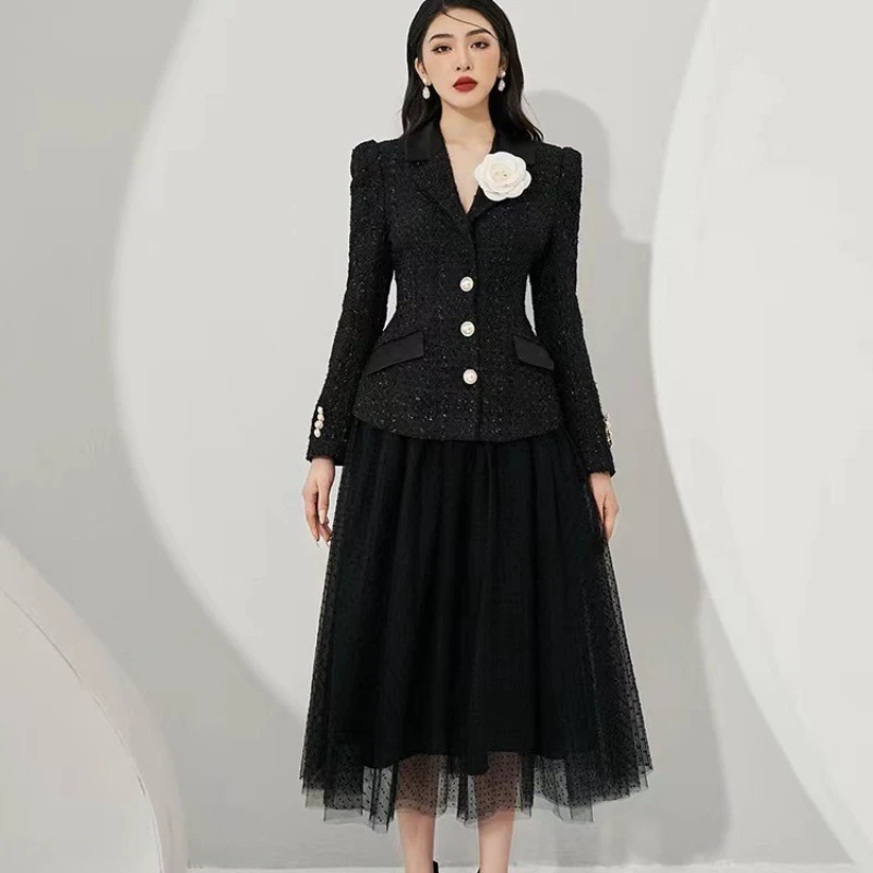 

Woman's Autumn/winter Small Fragrance Tweed Balzers Jacket Gauze Skirt Suit Retro Black Waist Blazer Overskirt Two-piece Sets