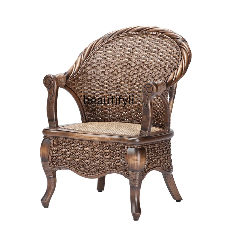 

Solid Wood Rattan Chair Armchair Rattan Chinese Style Chair Balcony Living Room Single Real Rattan round-Backed Armchair