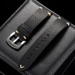 Vintage Genuine Cowhide Leather Watch Band with Metal Buckle - Handmade Strap Bracelet - 22mm (Black)