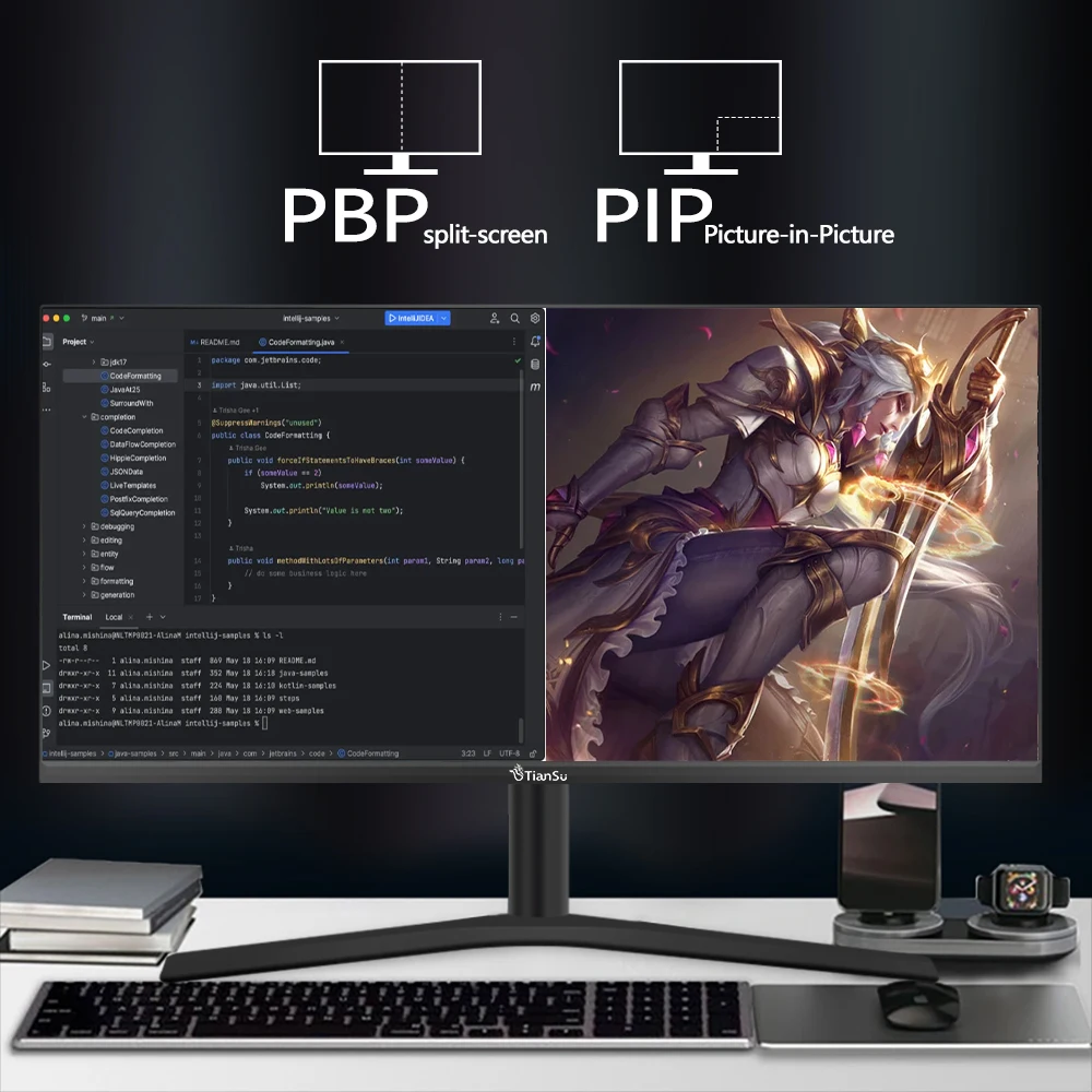 티안수 34인치 커브드 게이밍 모니터, 4K UHD, 165Hz, 1ms 응답 속도, 데스크탑 PC용