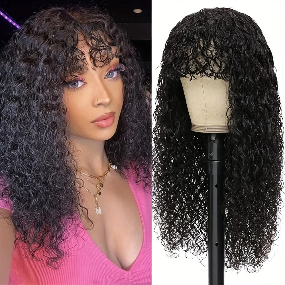 Water Wave Wig With Bangs Human Hair Wigs 100% Curly Human