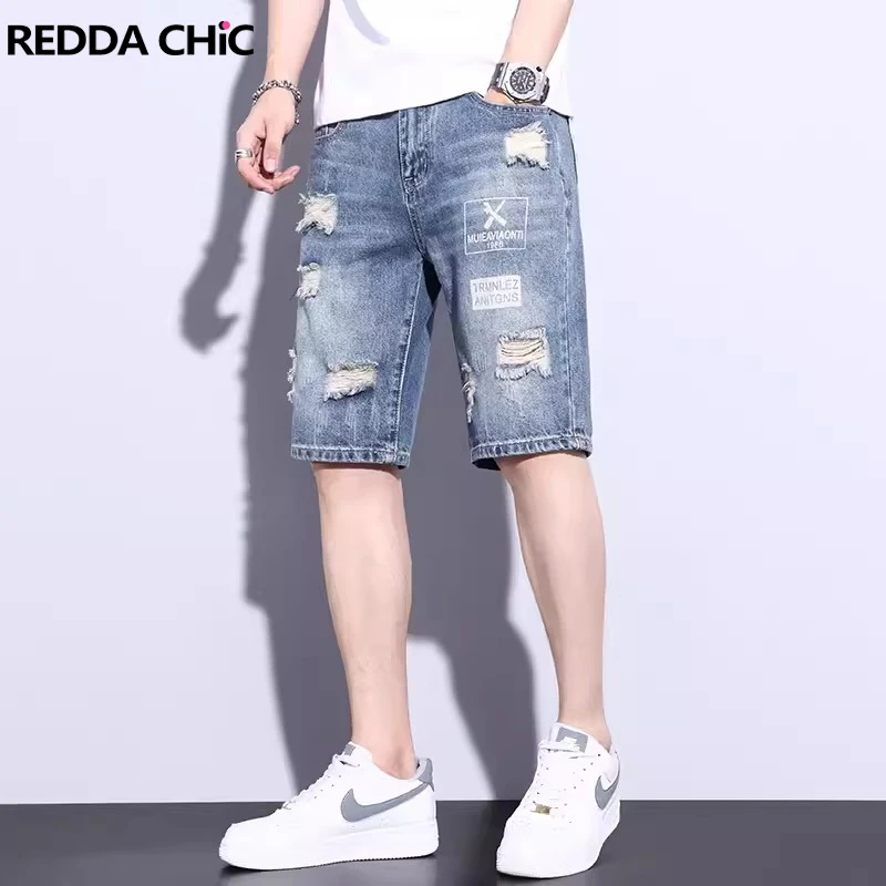 

REDDACHIC Graphic Print Ripped Denim Shorts Men Cleanfit Vintage Wash Brushed Wide Leg Pants Cropped Jeans Summer Korean Clothes
