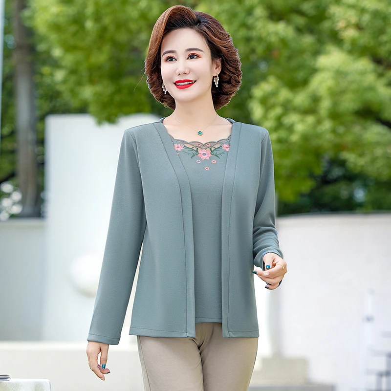 

Fake Two Pieces Women Autumn Long Sleeve Mother Blouse crew neck Long-sleeved Shirt Tops Blusa Embroidered Women