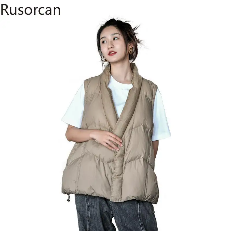 

2023Autumn and Winter New Linen Spliced V-Neck White Duck Down Thin Down Jacket Short Lightweight Down Vest Female Fashion Trend