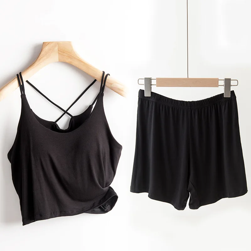 Sexy Bra Sling T-Shirt Shorts Set New Modal Comfortable Nightwear Chest Pad Pajamas For Women Conjuntos De Pijama Home Suit