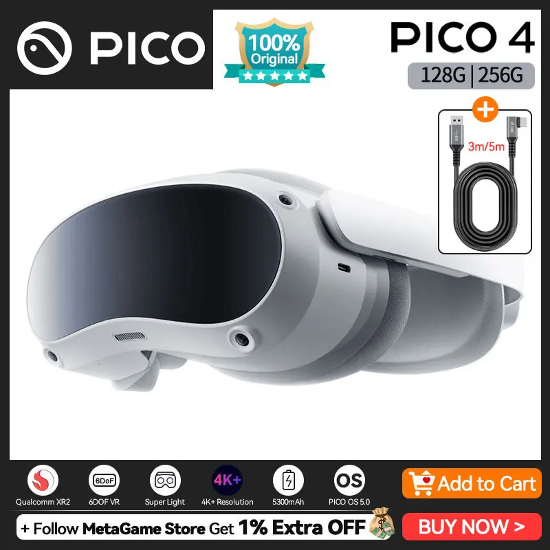 Pico 4 Virtual Reality Allinone Headset 8gb 105 Degrees Ultrawide 4k