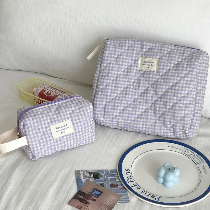 Large Capacity Cotton Makeup Bag Women Checkered Brushes Storage Bag Sweet Cute Travel Toiletry Casual Ladies Soft Organizer