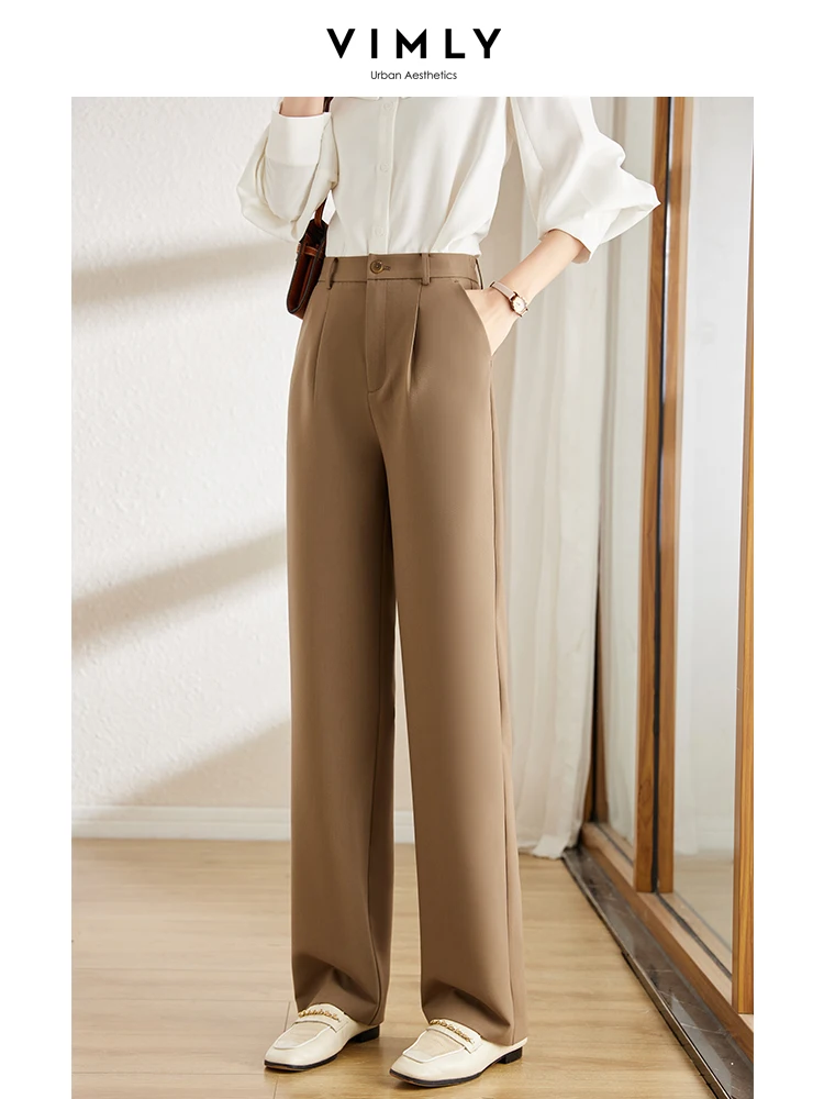 Vimly High Waist Suit Pants for Women 2023 Spring and Summer Solid Loose Dark Brown Pants Basics Elastic Waist Casual Trousers