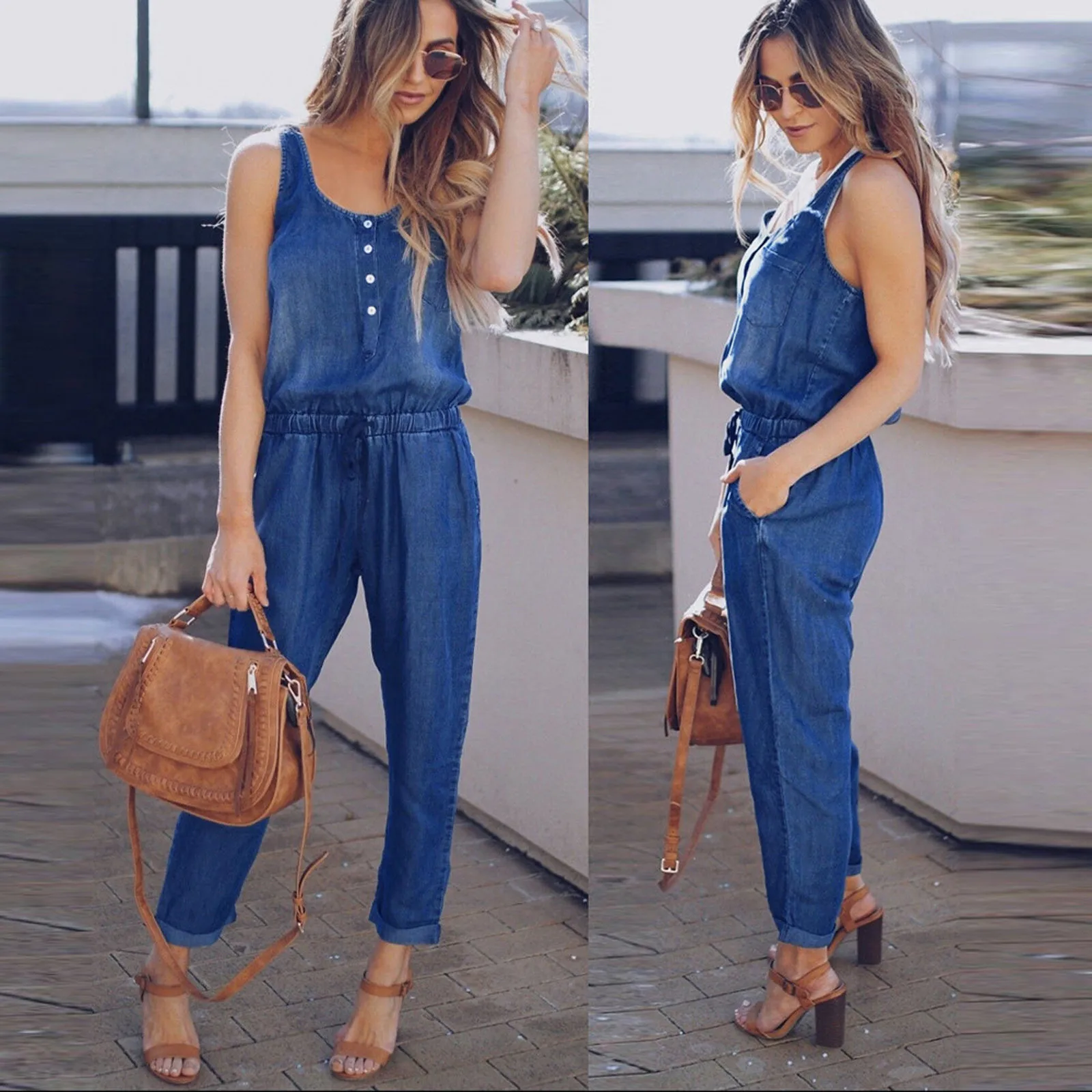 

Women's Jumpsuit Body for Women Elastic Waist Strappy Pocket Bodysuit Womens Overalls Elegant Summer Drawstring Demin Romper