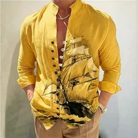 Chemise à col montant pour homme, imprimé bateau à voile vintage, boutonnée, coupe décontractée, chemisier de plage pour les vacances 5