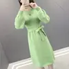 Autumn Winter Long Sleeve Knitted Dress Women's Slimming Pure Color Knee-Length Sweater Dress Fashionable Base Layer Dress