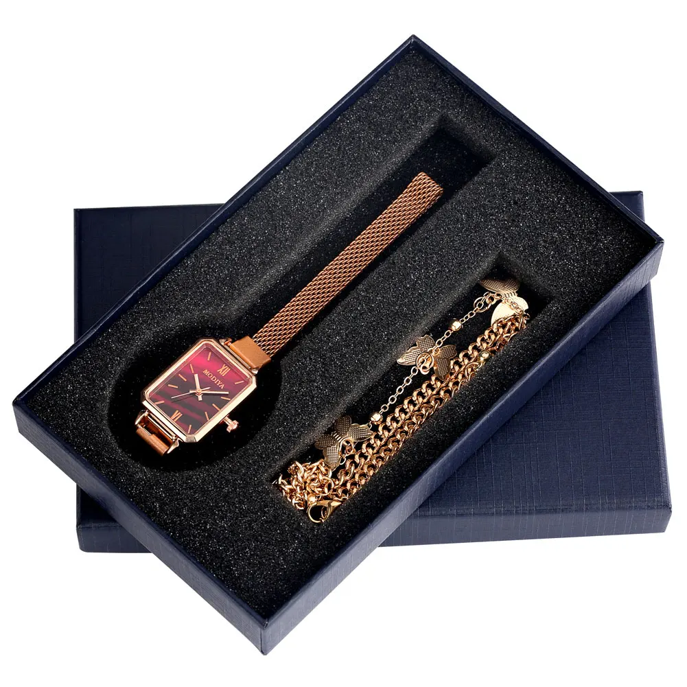 Luxury Ladies Watch Bracelet Gift Set with Box Fashion Square Quartz Wristwatch Butterfly Bracelet Best Gifts for Women Wife Mom